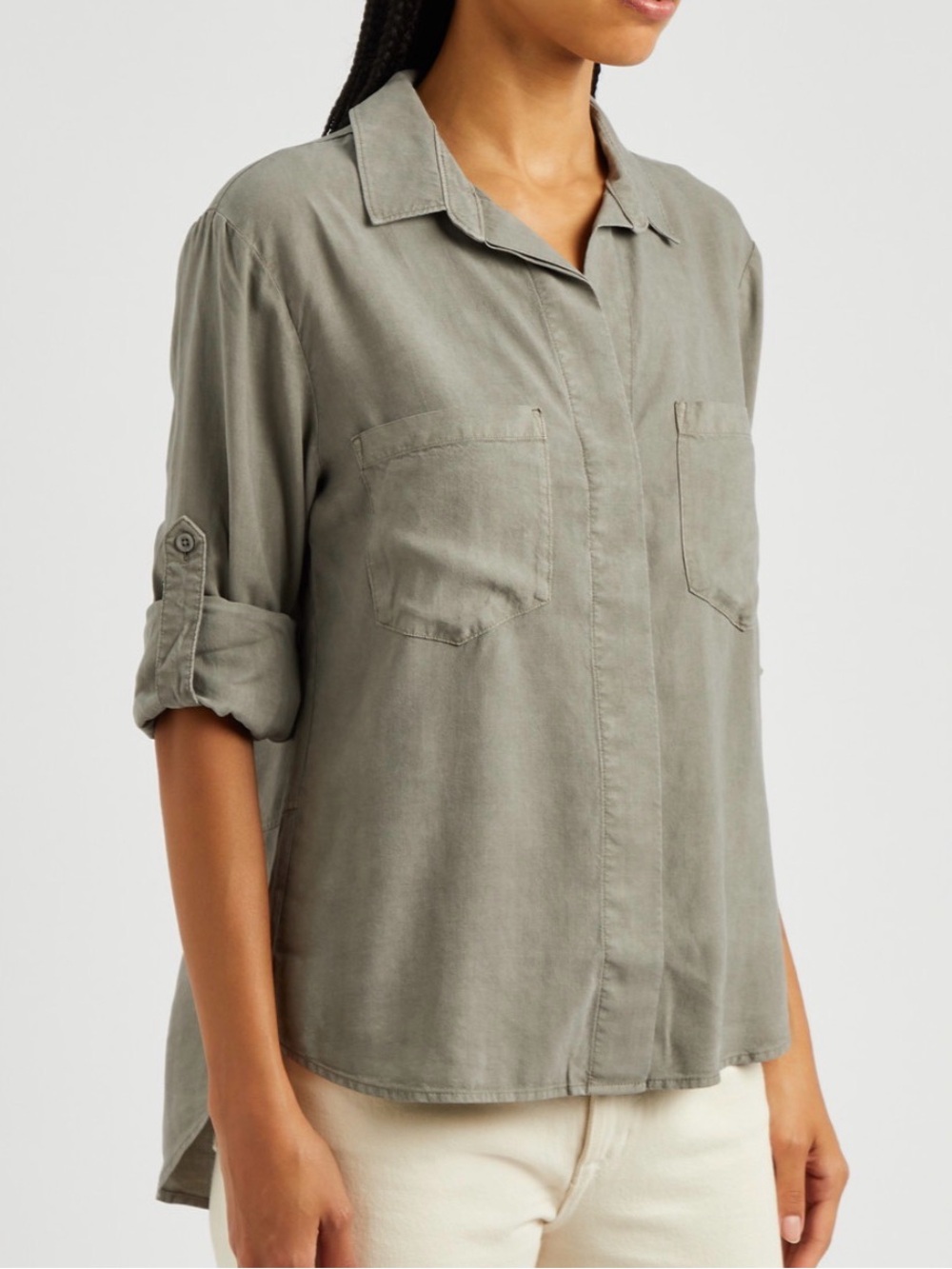 Bella Dahl Olive Green Button-Front Split Back Shirt